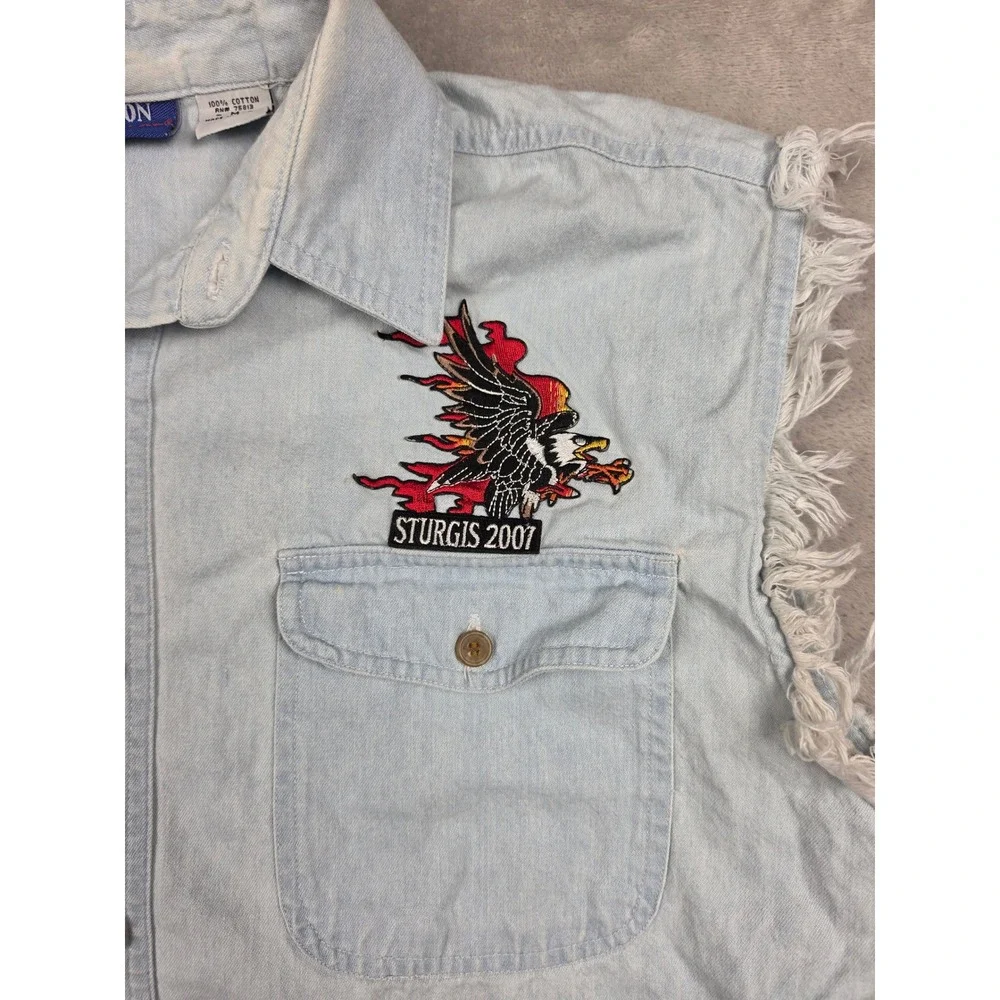 Cotton Heritage Denim Vest Mens M Light Blue Sturgis 2007 Biker Frayed Cutoff